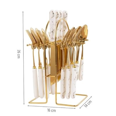 Golden spoon and fork set with stand